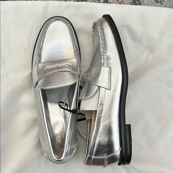 Zara Shiny Silver Loafers - Picture 1 of 2
